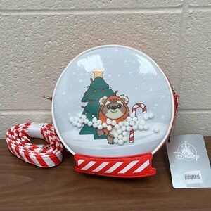 NWT Disney Loungefly Star Wars Ewok Snowglobe crossbody candy cane striped strap